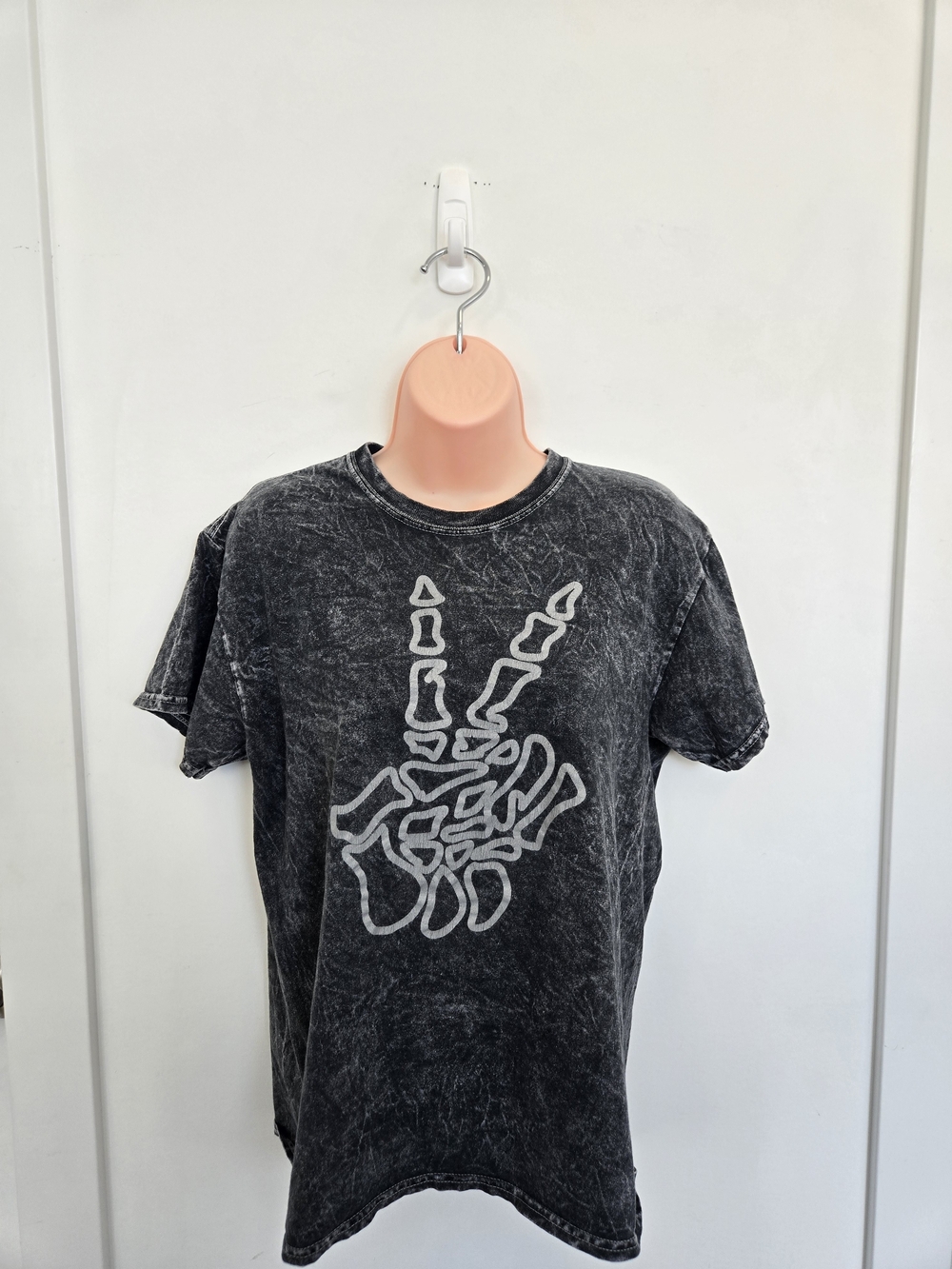 Black Washed Graphic Tee - Skeletal Peace Hand